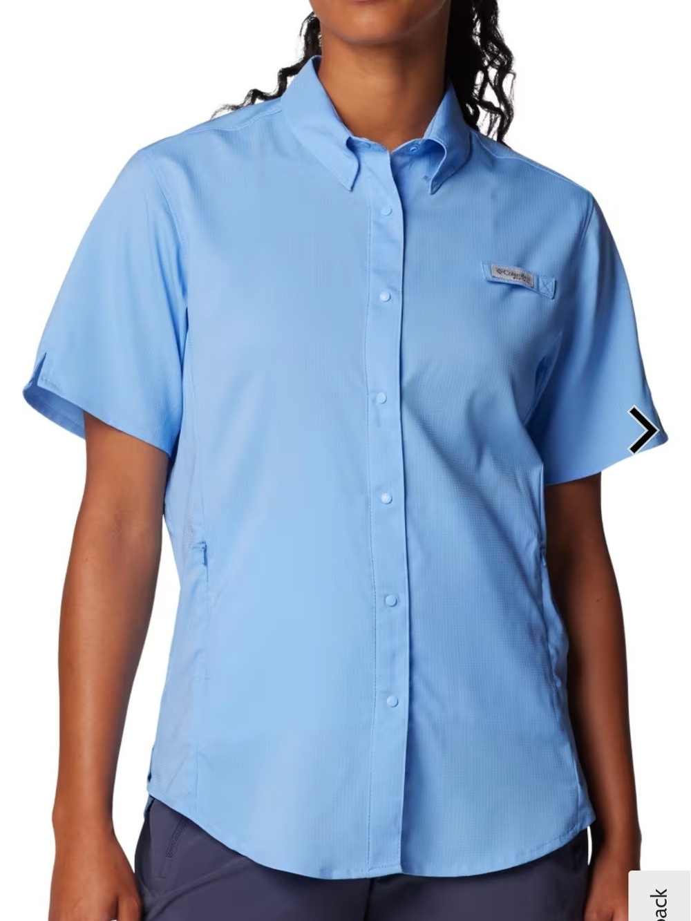 EUC sz M Womens Columbia Omni Shade  Blue Snap Front Shirt With Side Pockets
